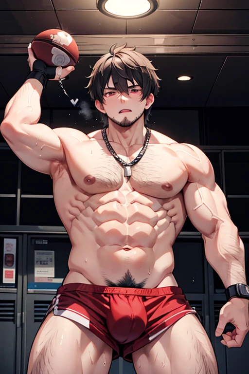 Hirsute muscular hairy Ash Ketchum as an adult from Pokémon hypnotized by a glowing pendulum swaying in front of their stubbled faces, flexing his biceps to expose hairy armpits in a locker room with other jocks also being hypnotized as they fall deeper into trance as stereotypical big dumb football jocks. Hirsute. Glowing red eyes. Muscle growth. Massive swollen crotch bulge. Hyper crotch bulge. Sweat. big biceps. Big triceps. Big traps. Broad shoulders. Big meaty pecs. Hyper muscles. Glowing red eyes. Hyper crotch bulge. Massive bulging crotch. Dumber and dumber. Blank and vapid stare with open mouth in trance while saying in a monotone voice, "We must sweat. We will obey. A big dumb jock works out all day. I am a dumb jock.... I obey.... We are dumb jocks.... We obey.... Dumber and dumber.... Yes, Coach.... I'm your player, Coach. Whatever you say.... Dumb jocks must obey.... Flex, ... grow, ... and obey.... Huhuhuhuh.... We are big dumb jocks...." Slumped shoulders. Hypnosis. Brainwashing. Hypnotized. Brainwashed. Vapid. Dull. Dimwitted. Meathead. Musclehead. Bigger and dumber jock bro. Assimilation. Transformation into big dumb muscular jock bros. Slumped shoulders. Bulging glutes. Thick stubble. hairy armpits. thick muscular legs. Repeating triggers to be dumber and dumber each time he says them to think and focus only on growing muscle and being the perfect football jock. Dimwit. Dullard. Bro. Stupid. Musclehead. Mass hypnosis. Entranced. Mindless. Brute. glowing pendulum. Bodybuilder. Huge muscles. Sweaty. Mouth open. panting. Entranced.