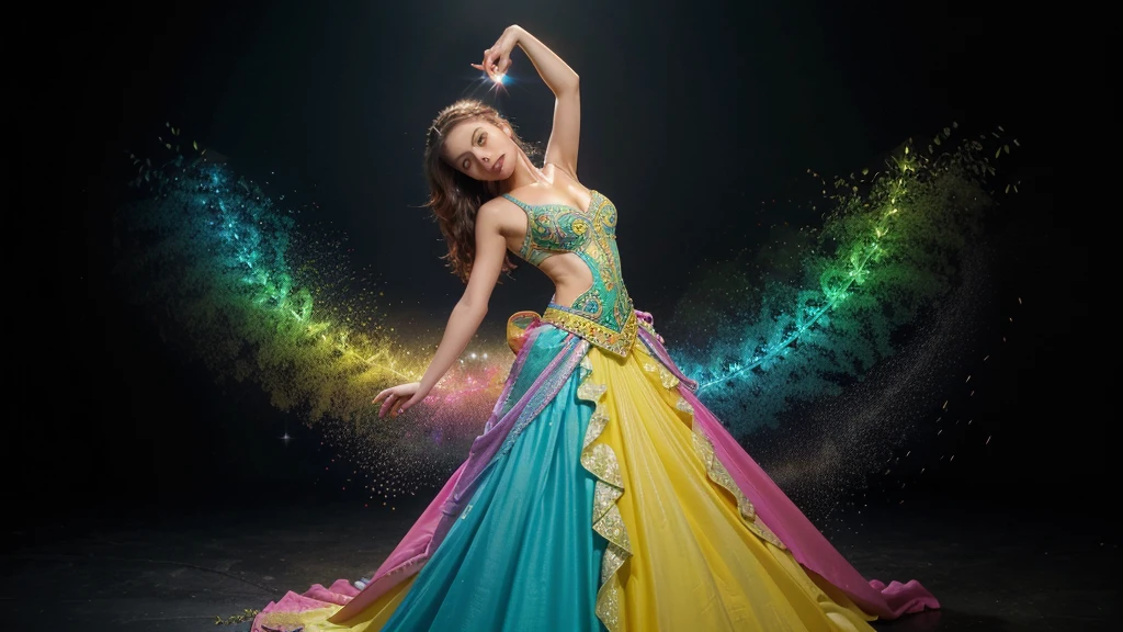 Create a hyper realistic image of a figure resembling a dancer with a vibrant, flowing dress that forms the shape of a heart. The dress should have bright colors like yellow at the base transitioning into various other colors such as pink, green, and blue towards the edges with arms extended to accentuate Include ornate patterns and swirls on the dress to add detail and texture, as well as subtle sparkles to give an impression of lightness and magic. background dark. hd