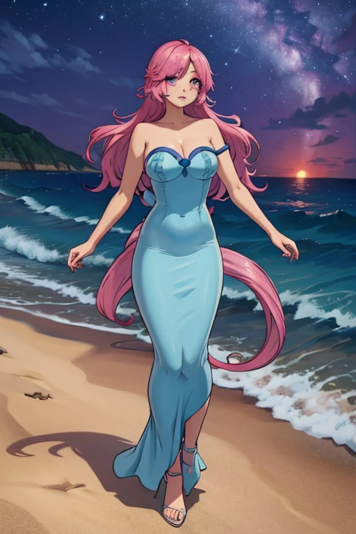 A pink haired female mermaid with violet eyes and an hourglass figure in  a pink mermaid style gown is walking on a beach at night 