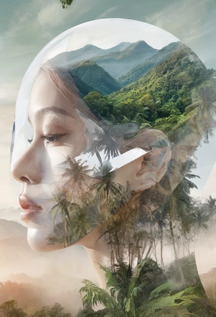 Dubrec style，Woman transparent face close-up，Jungle mountains image foreground，（multiple exposure：1.8），Complex illustrations in surrealist art style，Surreal dreams