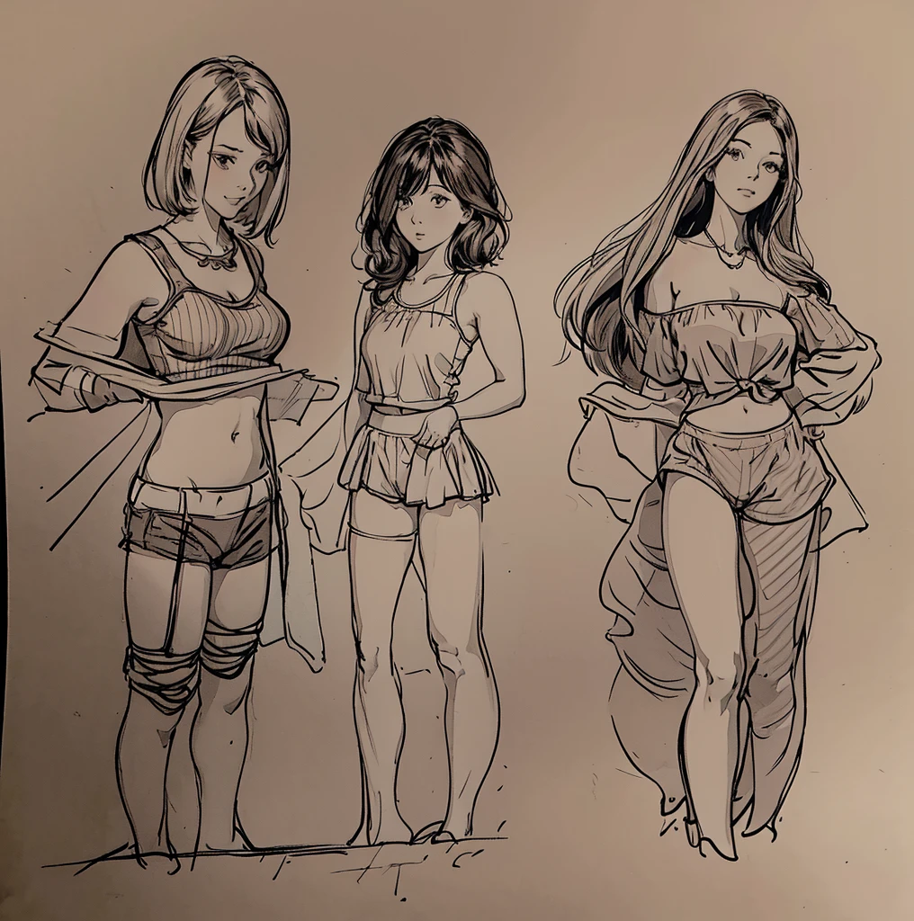 a few cartoon images of the same female character that i'm not sure what this is, a young girl touching her stomach and her breasts, a collection of sketches of several women, two pages show a woman in underwear next to another girl wearing a thongy panties