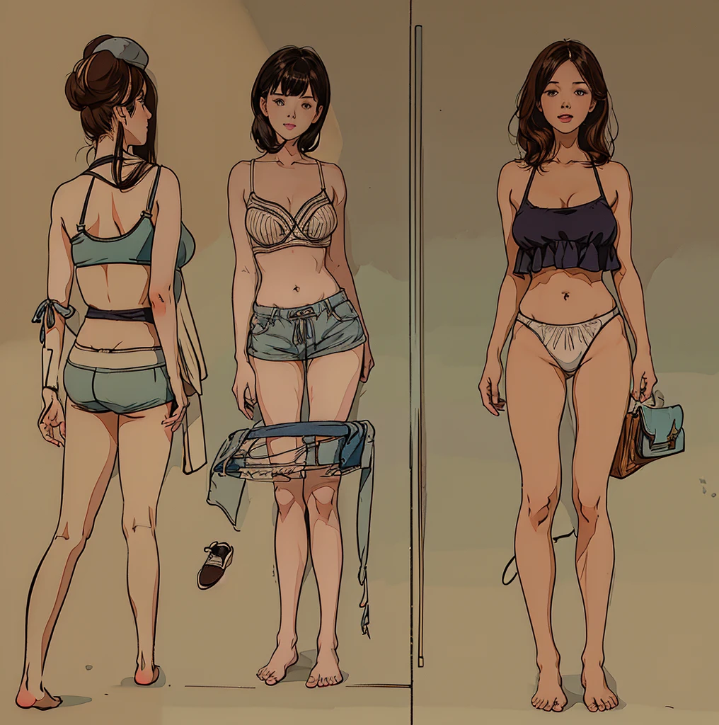 a few cartoon images of the same female character that i'm not sure what this is, a young girl touching her stomach and her , a collection of sketches of several women, two pages show a woman in  next to another girl wearing a thongy 