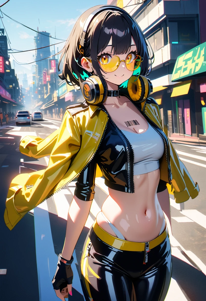 (extremely detailed fine touch:1.3), (hard light, light rays, dappled light, reflection, shadows, ray tracing:1.0), (2D:1.3), (kawaii girl: 1.3), (barcode tattoo: 1.3), super very black short hair,, highlight in eyes, smile, BREAK, (((yellow glasses:1.3))), underrim, (headphones:1.2), collar, skindentation, latex, zipper, jacket on shoulders, gloves, fingerless gloves, navel, open clothes, race queen, asian cyberpunk city,