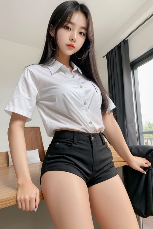 A rell girl with prefect body age 18 yer girl long black here white shirt and short pant in korean Girl cute face