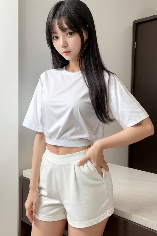A rell girl with prefect body age 18 yer girl long black here white shirt and short pant in korean Girl cute face