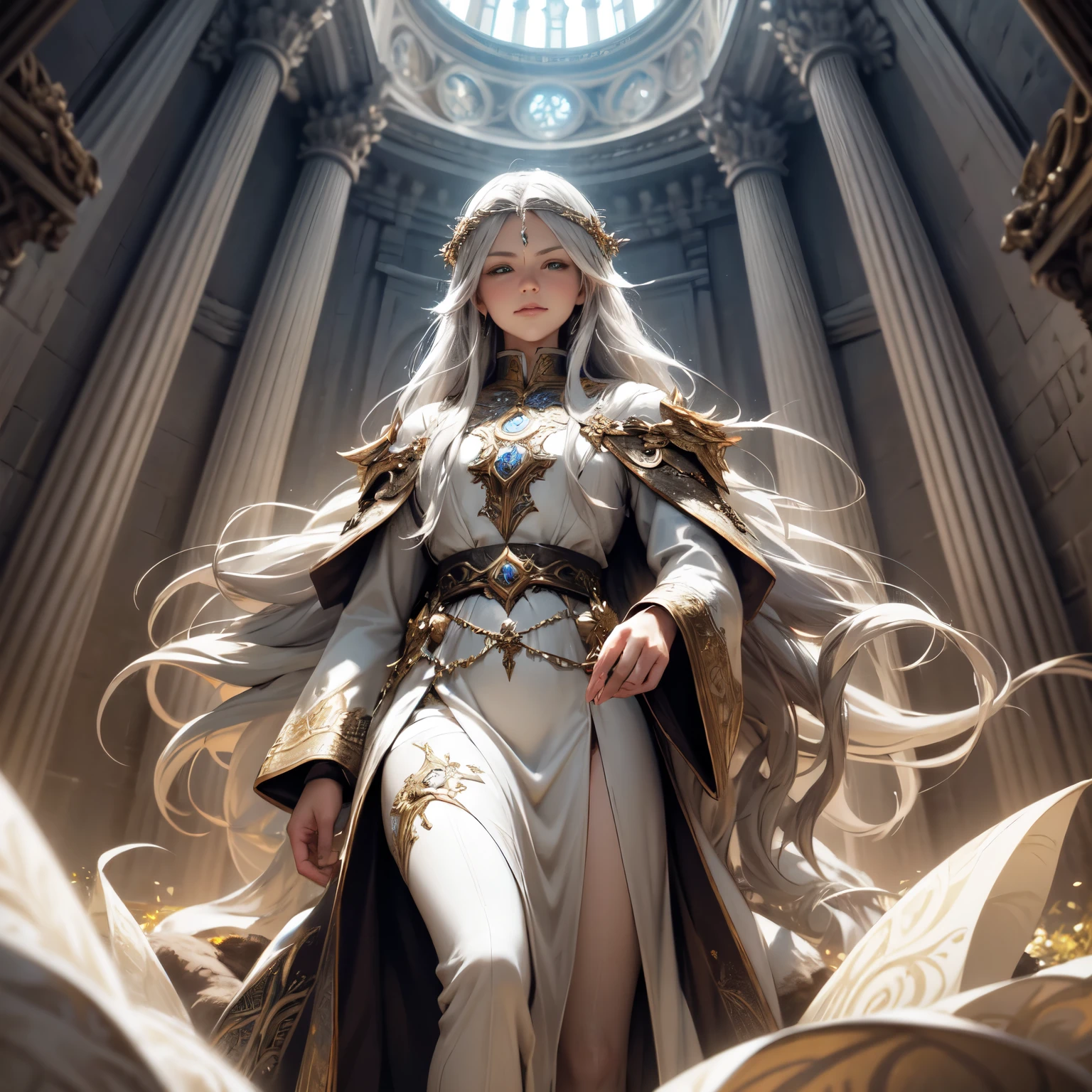 Create an 8K ultra HD digital image of a majestic silver-haired Aasimar Druid from the Circle of Dreams, long and smooth, dressed in druidic regalia of royalty, in the castle&#39;s ballroom and ballroom. The druid has violet eyes and fair skin. He is dressed in a royal robe of dark blue velvet with gold and silver trim., Adorned with magical jewels that glow softly. He wears a golden crown with precious stones, gold bracelets on her wrists and a magical amulet around her neck. In the ballroom and ballroom, the druid wields the Sword of Zeus. The sword is made of celestial gold and emits golden rays, with divine inscriptions along the blade that shine brightly. The hilt of the sword is adorned with small rays and lightning., symbolizing his supreme power. He holds the sword in a celebratory pose, ready to protect guests, while electric sparks dance around you. The Sword of Zeus is known for its ability to control thunder and lightning, and an aura of divine power emanates from her. The party and dance hall is grand, with polished marble floors, crystal chandeliers and tables filled with delicacies. Luxurious tapestries adorn the walls and large windows with silk curtains let in light, illuminating the hall with a soft glow. Music fills the air as couples dance gracefully across the ballroom. The image should capture the joy and elegance of the ballroom, highlighting the druid&#39;s interaction with the Sword of Zeus.