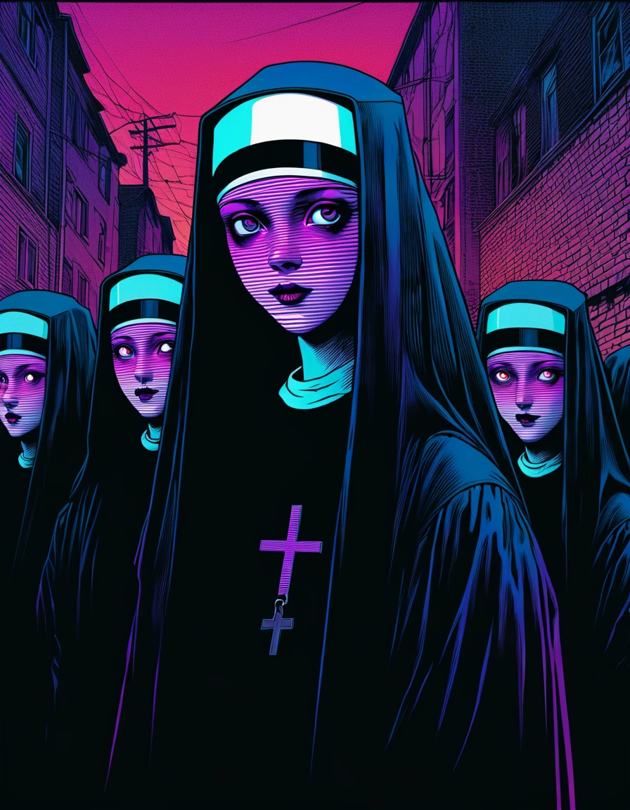illust、art、from 80s horror movie, directed by Junji Ito、Nuns、nightmare、high detail, realsitic shadow、Analog style, vhs style, 8mm film, chromatic aberration, Dvd screengrab、Blue-purple and red-purple gradation、Surrealism