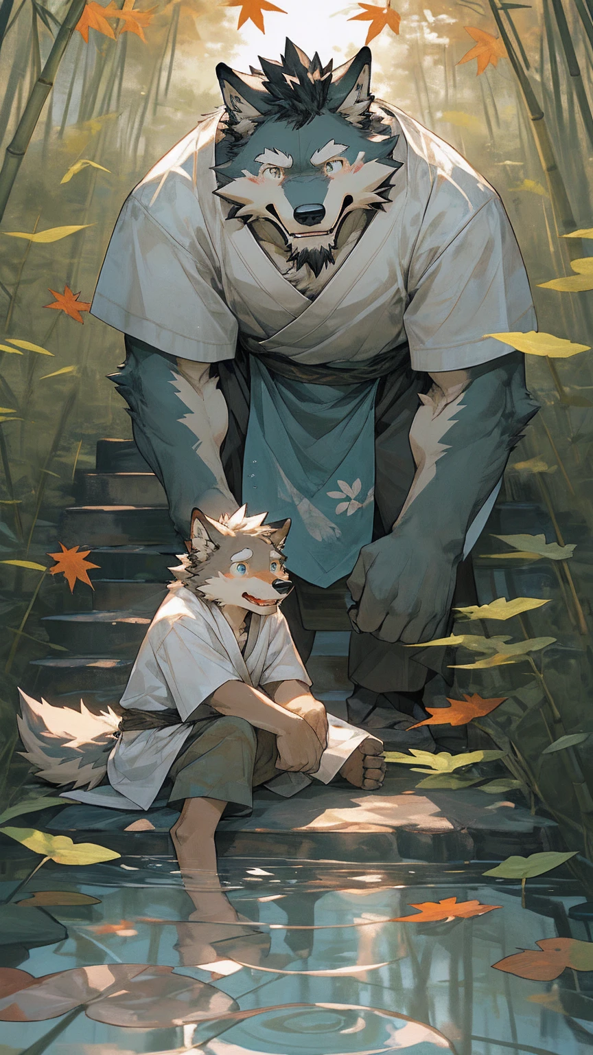 Young Wolf Orc,Thin,Wearing whites to bed,Sit on a bamboo mat。Born into a scholarly family。He is tall and straight,With a pair of eyes as clear as autumn water。There is always a faint smile on the corner of my mouth,Revealing a bit of gentleness。"
