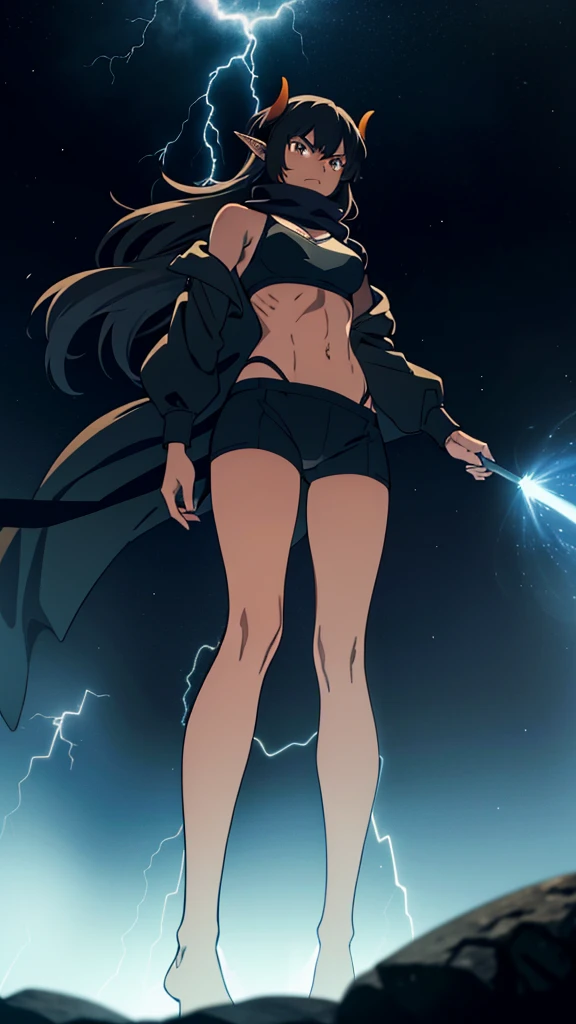 ((1girl,solo,mature female,25s,adult)),long hair, black hair,angry,horns,elf ears,black scarf,cleavage,(((dark skin))),((black sports bra, midriff)),((black pantyhoses)),night, fireflies, fantasy,rain,thunder clouds,walking,lightning,lightnings lights,sparks,lightning magic,((shot from below,focus on feet))
