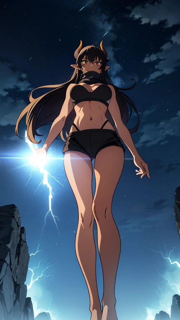 ((1girl,solo,mature female,25s,adult)),long hair, black hair,angry,horns,elf ears,black scarf,cleavage,(((dark skin))),((black sports bra, midriff)),((black pantyhoses)),night, fireflies, fantasy,rain,thunder clouds,walking,lightning,lightnings lights,sparks,lightning magic,((shot from below,focus on feet))