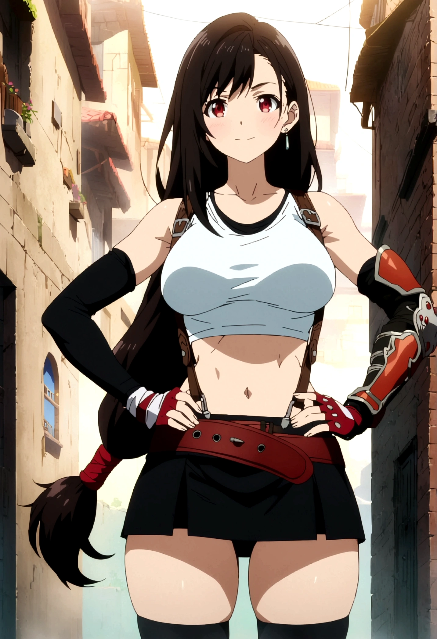 score_9, score_8_up, score_7_up,4k, ,BREAK , from front,thighs angle,standing,straight-on,hands on hips,,(medium shot),looking_at_viewer ,1girl, tifa lockhart, final fantasy, tareme,black hair, low-tied long hair, red eyes, bangs, white tank top, belt, pleated skirt, thighhighs, elbow fingerless gloves, elbow pads, midriff, navel,suspender skirt ,big_breasts,(light smile),Curvy waist ,Solo,,(midnight and beachside and city),Toned,,detailed skin,(best quality),(aesthetic,very aesthetic),masterpiece, best quality, ultra detailed, highres,4k,(ultra-detailed:1.4) (illustration:0.5), (ray tracing,:0.8),(anime colored:0.7),(ai-generated:0.5), (anime screencap:1.2),
