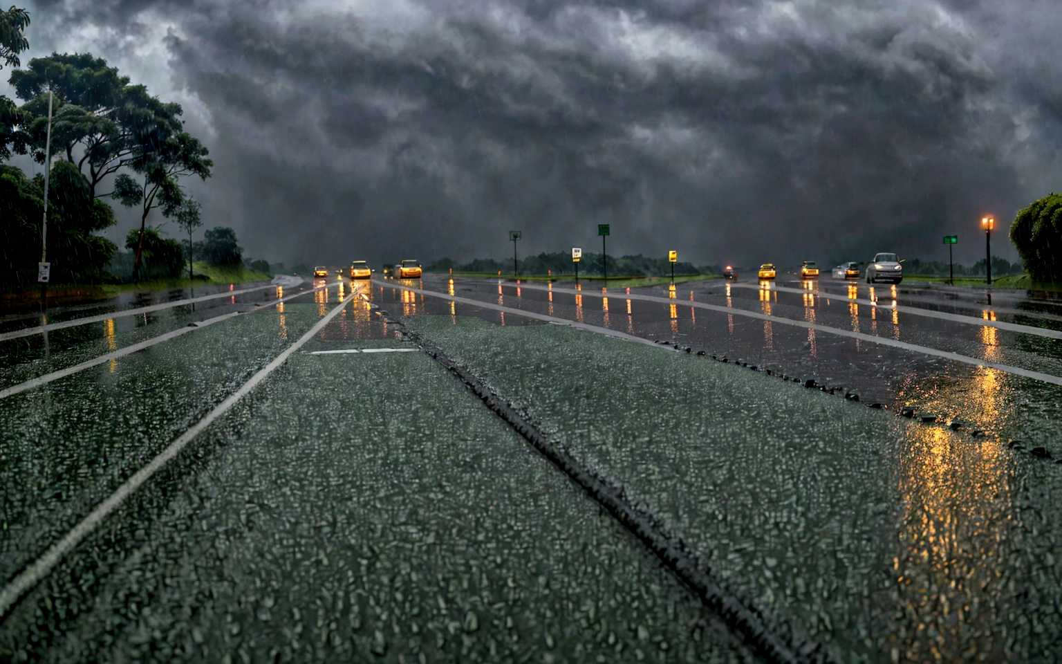 there is a picture of a road that is in the rain, rainy environment, rain falling, rainy and wet atmosphere, rainy scene, in a rainy environment, falling rain, wet aslphalt road after rain, rain falls, green rain, rainy background, rainfall, Slippery road, heavy raining, rain. Ultra Detailed, raining, heavy rain approaching