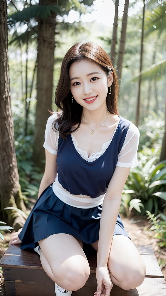 Close-up of beautiful Korean woman, 36 inch chest size, Smile, (Detailed white camisole short vest 1.1), (Navy Box Skirt:1.4), Short sleeve, , necklace,Full body posture, White shoes,Solitary, Perfect body, Become a,(a charming smile:1), (sexy pose),(A girl in the forest),