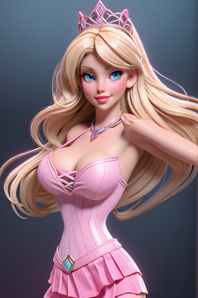 close up 1girl in, teenager, Solo, Aesthetic artwork, blond, straight blonde hair, super long blonde hair, light blue eyes,  some small freckles, pale skin, A-cup, small breasts, runners body, (thin hips, thin waist: 1.25), detailed skin, shy smile, (action shot dancing: 1.25), wearing pink corset, pink skirt, tiara, 50mm, 4k textures, soft cinematic light, RAW intricate, elegant, highly detailed, sharp focus, ((((cinematic look)))), soothing tones, insane details, intricate details, hyperdetailed, low contrast, soft cinematic light, dim colors, exposure blend, hdr, faded