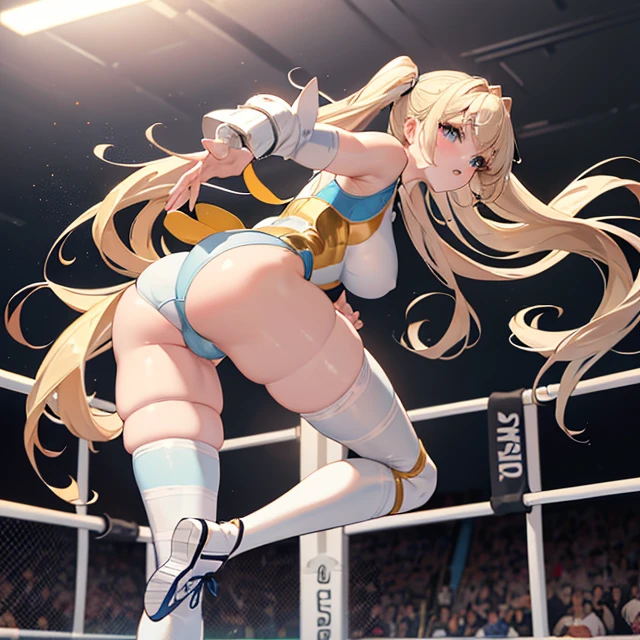 (masterpiece image, very detailed image, best high quality high definition image High very detailed Quality image, Very detailed high quality image), solo character, female wrestling, hip attack technique, back view
1girl, absolute beauty, 28 years old, fair pale skin, light blue eyes, beauty features, long blonde golden hair tied in two pigtails with pink ribbons and blonde golden hair curly fringe near the nose, big breasts, round butt, beautiful legs, (light pale blue one piece leotard with a white stripe line in the belly and a grey spandex shorts under the leotard, grey knee pads, light pale blue wrestling boots, light pale blue arms sleeves, grey elbow pads), serious cocky attitude,
Dirty gym and wrestling ring