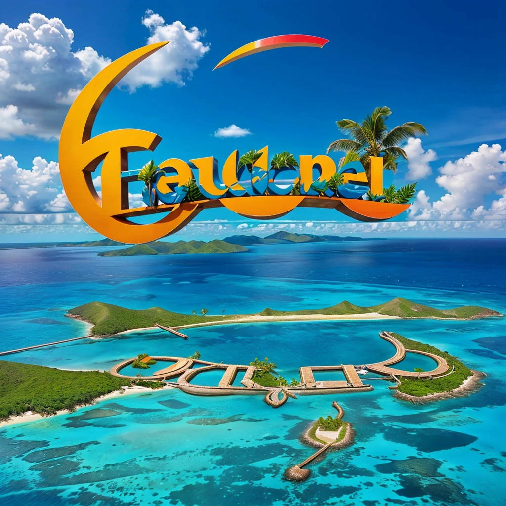 Taylored Travel spelled out on the sky. travel agency logo. tropical island. clear blue water. visually appealing from a distance. hyper realistic