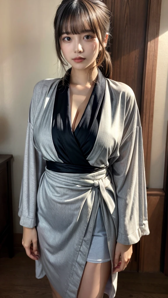 masterpiece, Best Quality, 8K, 20 yo, huge breasts, cuddly, Solo, sad, Cute, Girly, Delicate girl, Neat and clean beauty, Raw photo, Professional Photography, Portrait, full body, front view, perfect body shape, Sophisticated, Film grain, (Eyes and faces with detailed:1.0), ponytail, short length floating hair, beautiful flowing hair, bangs, Kimono Wrap Shirt
