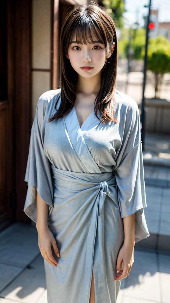 masterpiece, Best Quality, 8K, 20 yo, huge breasts, cuddly, Solo, sad, Cute, Girly, Delicate girl, Neat and clean beauty, Raw photo, Professional Photography, Portrait, full body, front view, perfect body shape, Sophisticated, Film grain, (Eyes and faces with detailed:1.0), ponytail, short length floating hair, beautiful flowing hair, bangs, Kimono Wrap Shirt