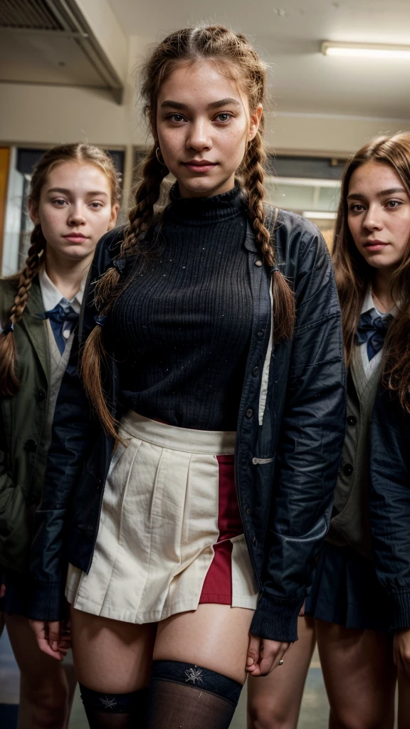 (best quality), (masterpiece:1.2), wide angle photo, full body photo, group photo, 5 young teen schoolgirls, 16 years old, ypung faces, innocent faces, skin imperfections, acne, perfect ruby lips, smiling wistfully, diverse ethicities: ebony, black, white, nordic, indian, diverse hair colors: redhead, blonde, afro, twin braids, heavy freckles, pale skin, makeup, earings, crowded classroom, morning, school, crowd of people, school uniforms, unbottoned blue shirts, tight shirt, , black stockings, open jacket, sexy neckline, large neckline, 16k, photorealistic, real photo, nikon d800