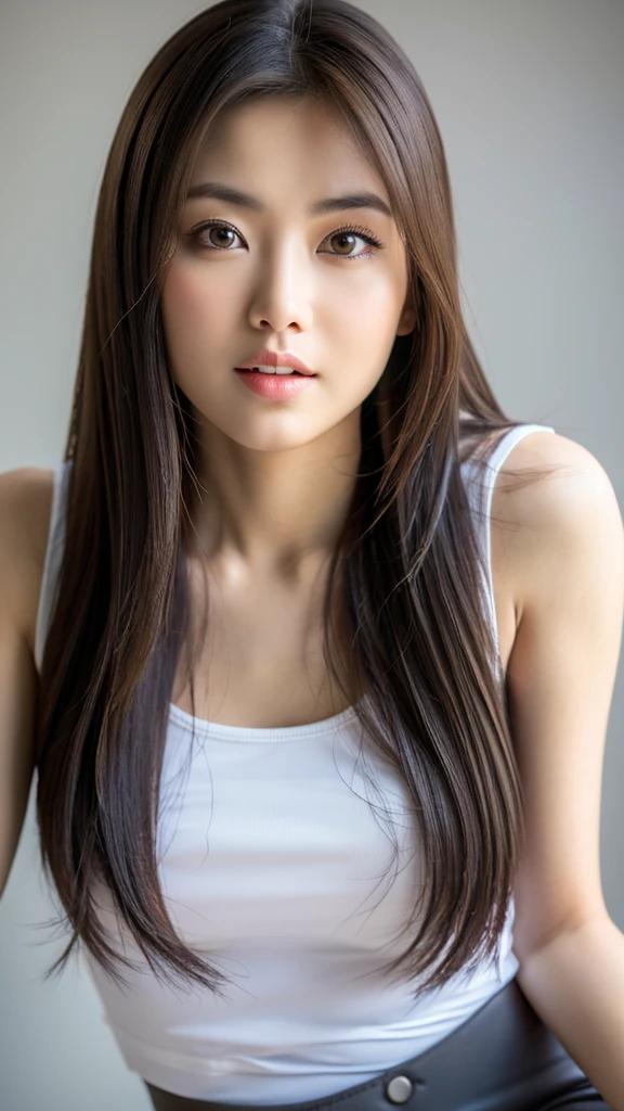 (detailed face),(()),normal ,pretty,white sleeveless t-shirt,4k ,super high resolution ,(photo-realistic: 1.7), gray background,long hair,