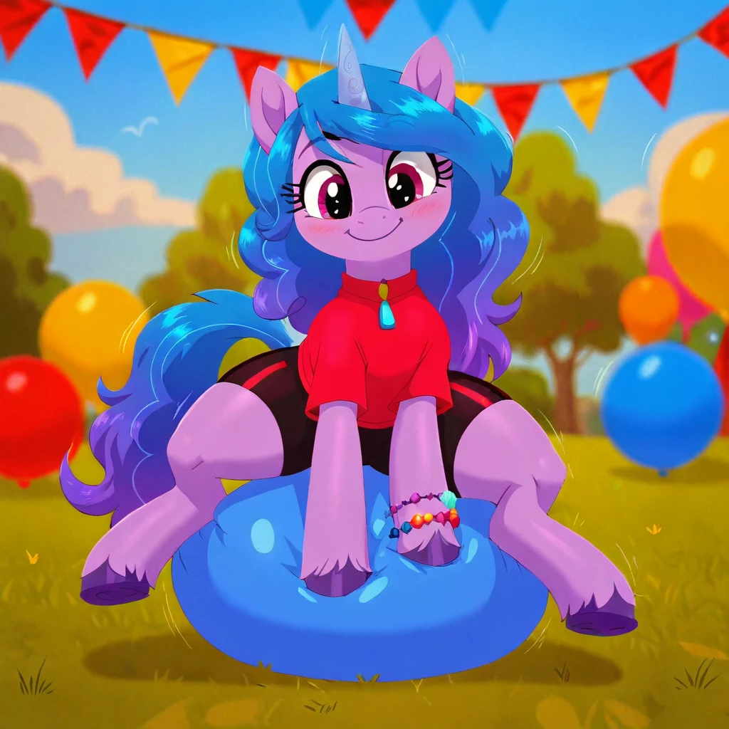 cinematic film still score_9, score_8_up, score_7_up, score_6_up, score_5_up, score_4_up, Digital art, cute, 
Izzy Moonbow, earth pony, muscular, smirking, feral,
rating_questionable,
meadow, 
(balloon fetish, looner, sitting on a balloon, balloon sitting:1.2), 
(detailed balloon, one balloon, sitpop:1.3), 
thick thighs, balloon fetish, sitting on a balloon, one balloon, too heavy,
(tied balloon, tight balloon, necked balloon:1.2), 
foreshortening, depth of field, motion lines, 
emphasis lines, impact emanata,
screencap,  . shallow depth of field, vignette, highly detailed, high budget, bokeh, cinemascope, moody, epic, gorgeous, film grain, grainy