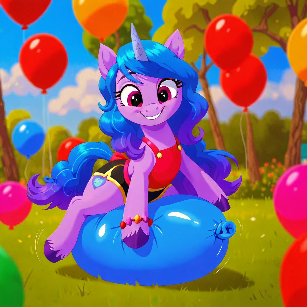 cinematic film still score_9, score_8_up, score_7_up, score_6_up, score_5_up, score_4_up, Digital art, cute, 
Izzy Moonbow, earth pony, muscular, smirking, feral,
rating_questionable,
meadow, 
(balloon fetish, looner, sitting on a balloon, balloon sitting:1.2), 
(detailed balloon, one balloon, sitpop:1.3), 
thick thighs, balloon fetish, sitting on a balloon, one balloon, too heavy,
(tied balloon, tight balloon, necked balloon:1.2), 
foreshortening, depth of field, motion lines, 
emphasis lines, impact emanata,
screencap,  . shallow depth of field, vignette, highly detailed, high budget, bokeh, cinemascope, moody, epic, gorgeous, film grain, grainy