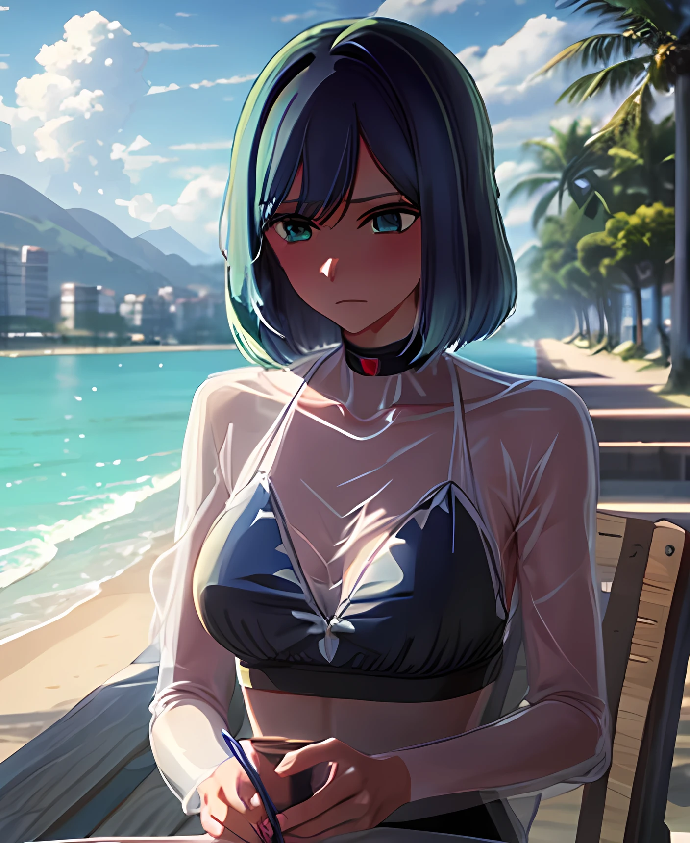 tall body, tall, long legs, mature woman, mature, adult, eft_oshi_akane, alone, 1 girl, blue hair, looking at viewer, medium hair, bikini, bangs, closed mouth, green eyes, multi-colored hair, short hair, hand top, sweat, bleached hair, blue eyes, on the beach, beach, more details XL