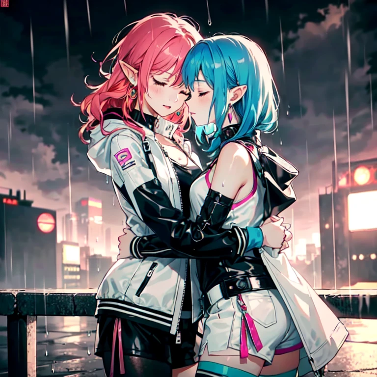 There are two girls,一個是Elf的女孩,另一個是Humanity的女孩,All are s old,hug each other,super close-up,movie lighting effects,((rain)),((romantic)),
(a girl,alone,Elf,long red hair,eyes closed,Dizziness,earrings,((Fashionable clothing)),Cyberpunk style,White and pink sleeveless bodysuit,Super detailed zipper,pink arm sleeves,white shorts,black knee socks,White booties),(a girl,alone,Humanity,black and blue hair,Fashionable clothing,((Cyberpunk style)),Coat,black leggings,Handsome),sci-fi landscape,Super details,best picture