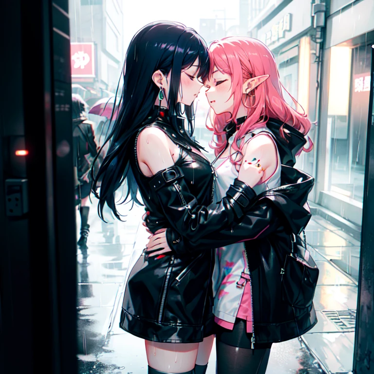 There are two girls,一個是Elf的女孩,另一個是Humanity的女孩,All are 16 years old,hug each other,super close-up,movie lighting effects,((rain)),((romantic)),
(a girl,alone,Elf,long red hair,eyes closed,Dizziness,earrings,((Fashionable clothing)),Cyberpunk style,White and pink sleeveless bodysuit,Super detailed zipper,pink arm sleeves,white shorts,black knee socks,White booties),(a girl,alone,Humanity,black and blue hair,Fashionable clothing,((Cyberpunk style)),Coat,black leggings,Handsome),sci-fi landscape,Super details,best picture