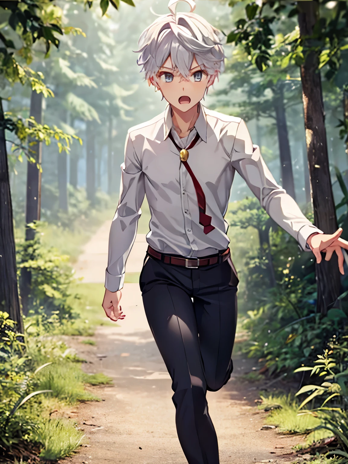 1boy, solo, male focus, lugh_tuatha_de, grey hair, grey eyes, short hair, hair between eyes, bangs,Running in the forest, panic expression, full body photo, teeth showing
