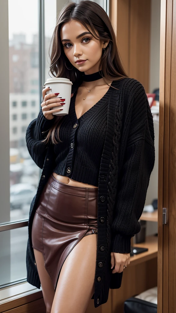 Indoors, portrait, a 25-year-old woman holding a coffee cup, black cropped knitted cardigan, arm:1, dark red narrow skirt with black plaid pattern, black knee-high suede boots, standing next to an office window