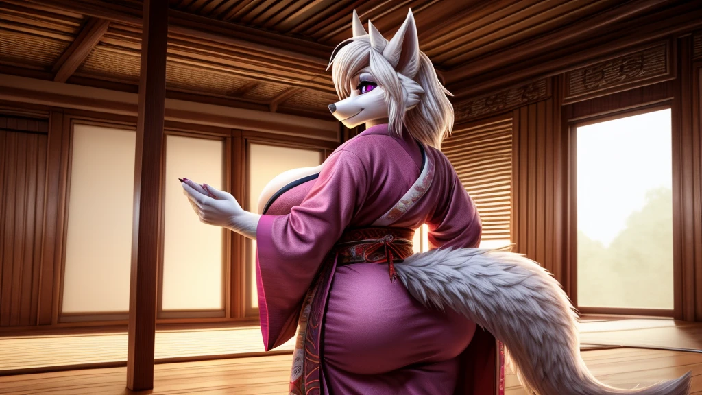 Skye from Paw Patrol series, as a white kitsune fox, mature adult, mommy, , big , kimono, short fluffy white hair with fringe, magenta eyes, standing, inside a dojo, detailed, solo, beautiful, high quality, 4K