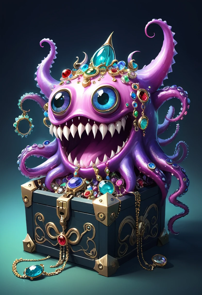 Strange box monster full of jewels - one eye - sharp teeth - ugly,Long tentacles,Scattered jewelry