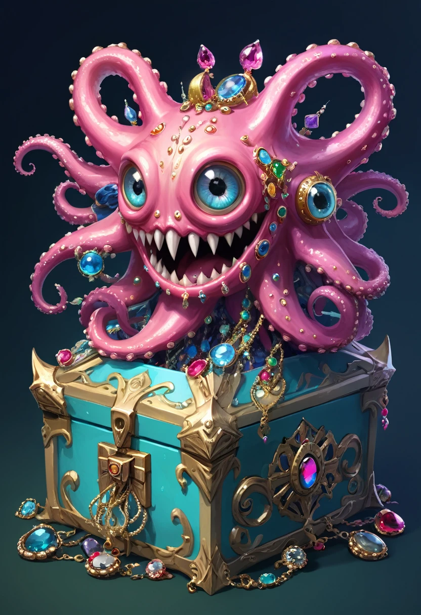 Strange box monster full of jewels - one eye - sharp teeth - ugly，Long tentacles，Scattered jewelry