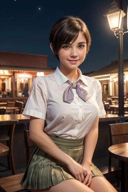 (4k RAW photo, best quality, masterpiece:1.2), (realistic, photo-realistic:1.37), ultra-detailed, 1 girl,cute, solo,beautiful detailed sky,detailed cafe,night,sitting,dating,(nose blush),(smile:1.1),(closed mouth), medium breasts,beautiful detailed eyes,(collared shirt:1.1), bowtie,pleated skirt,(short hair:1.2),floating hair