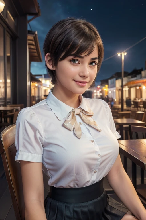 (4k RAW photo, best quality, masterpiece:1.2), (realistic, photo-realistic:1.37), ultra-detailed, 1 girl,cute, solo,beautiful detailed sky,detailed cafe,night,sitting,dating,(nose blush),(smile:1.1),(closed mouth), medium breasts,beautiful detailed eyes,(collared shirt:1.1), bowtie,pleated skirt,(short hair:1.2),floating hair