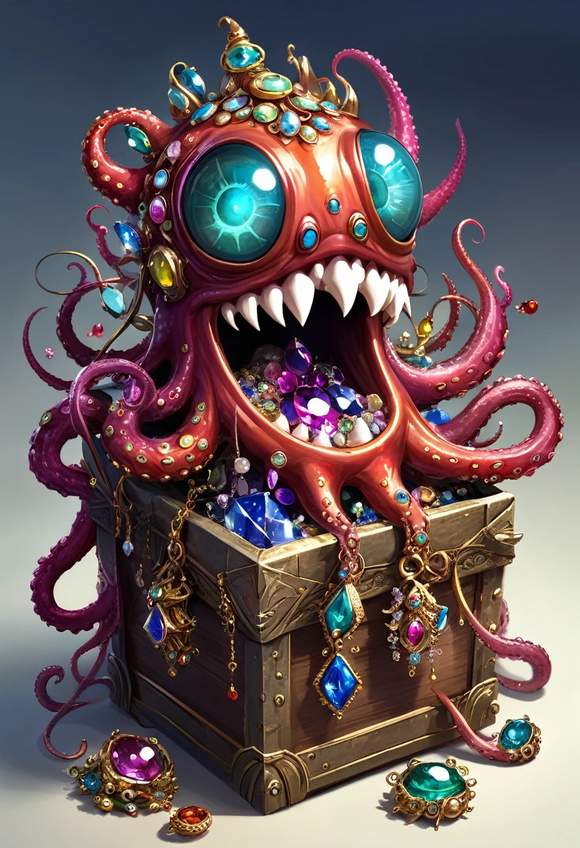 Strange box monster full of jewels - one eye - sharp teeth - ugly，Long tentacles，Scattered jewelry