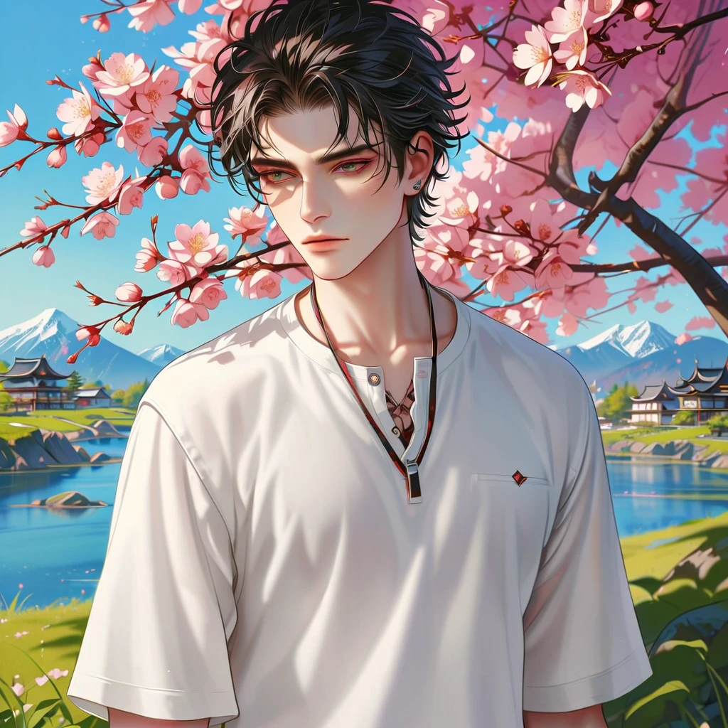 Style 6,a handsomeboy,Casual wear,landscape,Cherry blossoms,Sunlight