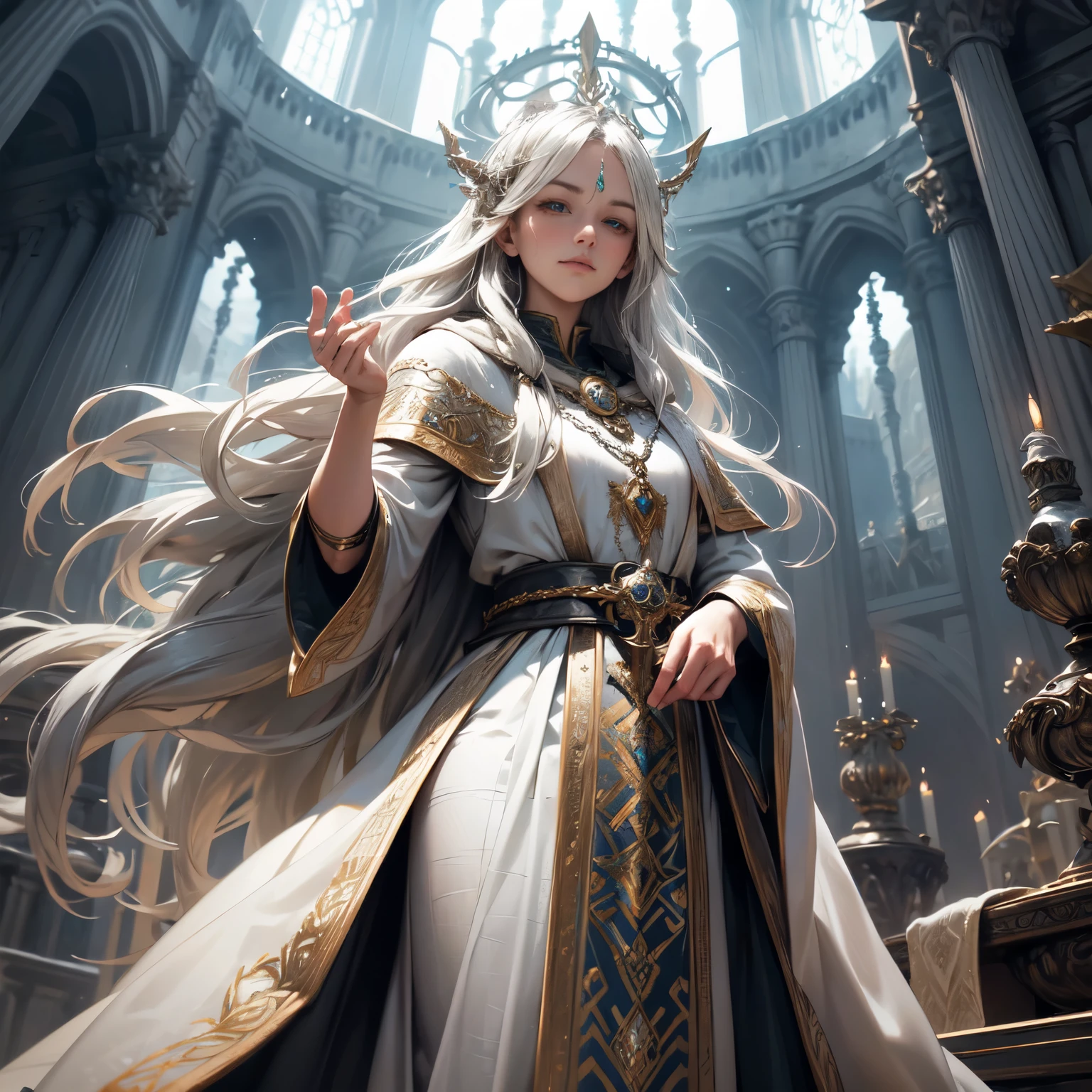 Create an 8K ultra HD digital image of a majestic silver-haired Aasimar Druid from the Circle of Dreams, long and smooth, dressed in druidic regalia of royalty, in the castle's ballroom and ballroom. The druid has violet eyes and fair skin. He is dressed in a royal robe of dark blue velvet with gold and silver trim., Adorned with magical jewels that glow softly. He wears a golden crown with precious stones, gold bracelets on her wrists and a magical amulet around her neck. In the ballroom and ballroom, the druid wields the Sword of Zeus. The sword is made of celestial gold and emits golden rays, with divine inscriptions along the blade that shine brightly. The hilt of the sword is adorned with small rays and lightning., symbolizing his supreme power. He holds the sword in a celebratory pose, ready to protect guests, while electric sparks dance around you. The Sword of Zeus is known for its ability to control thunder and lightning, and an aura of divine power emanates from her. The party and dance hall is grand, with polished marble floors, crystal chandeliers and tables filled with delicacies. Luxurious tapestries adorn the walls and large windows with silk curtains let in light, illuminating the hall with a soft glow. Music fills the air as couples dance gracefully across the ballroom. The image should capture the joy and elegance of the ballroom, highlighting the druid's interaction with the Sword of Zeus.