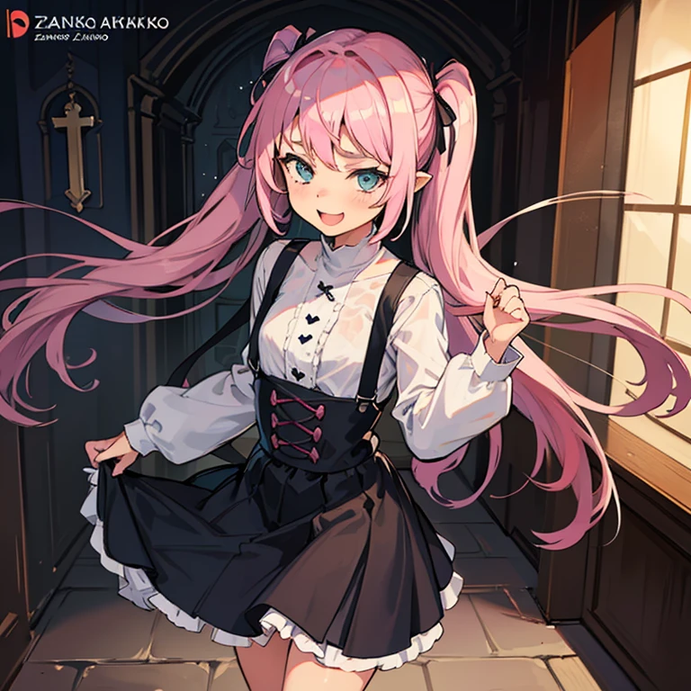 Girl with pink hair, long twin-tail hairstyle, small bushy eyebrows, dressed in gothic lolita clothes, lolicon (Zankuro) drawing style by zankuro artist, Zancrow style, image uploaded to R34, walking to school, flirty smile, lifting her skirt to show her vagina wet with semen, standing in the middle of a church during mass , ((having sex with the priest ))