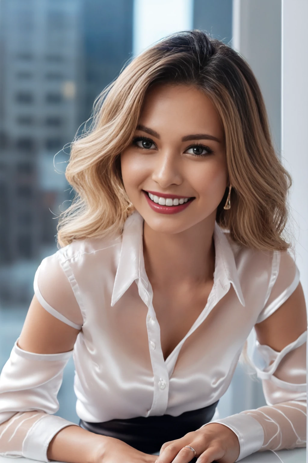 betterе высшее quality, a slim body:1.5, Super detailed, A high resolution, 8k wallpaper, (glowing skin:1.5), seduction, mischievous look, (Detailed, beautiful blue eyes), (sexy pose), Ultra hot gorgeous euro woman, age 18 years, dark red lipstick, (fourth breast size), smile, Highly detailed face and skin textures, teeth and laugh, (blonde wavy hair:1.3), (Sheer White Satin Shirt:1.4), (Black leather skinny skirt:1.25), (black charming lace stockings:1.4), perfect clear and crisp focus, uhd, masterpiece, night. Sitting on a computer desk, (masterpiece:1.5), realistic, (better_quality:1.5), standing at attention, Tinted glass background, window.