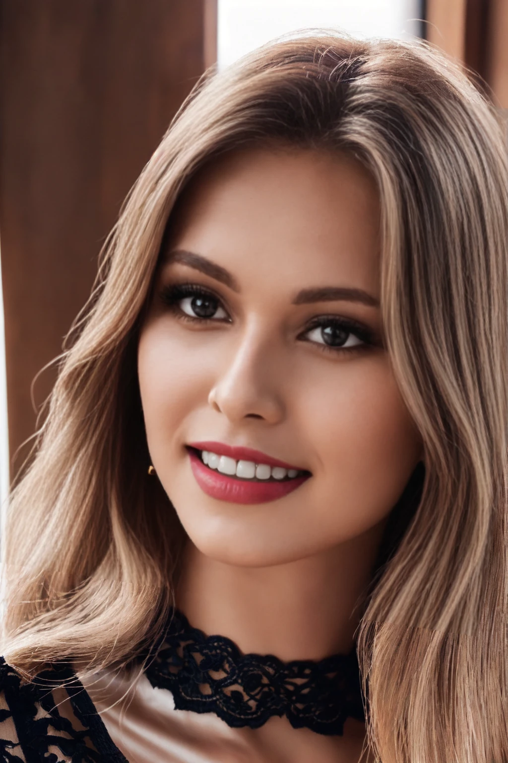 betterе высшее quality, a slim body:1.5, Super detailed, A high resolution, 8k wallpaper, (glowing skin:1.5), seduction, mischievous look, (Detailed, beautiful blue eyes), (sexy pose), Ultra hot gorgeous euro woman, age 18 years, dark red lipstick, (fourth breast size), smile, Highly detailed face and skin textures, teeth and laugh, (blonde wavy hair:1.3), (Sheer White Satin Shirt:1.4), (Black leather skinny skirt:1.25), (black charming lace stockings:1.4), perfect clear and crisp focus, uhd, masterpiece, night. Sitting on a computer desk, (masterpiece:1.5), realistic, (better_quality:1.5), standing at attention, Tinted glass background, window.