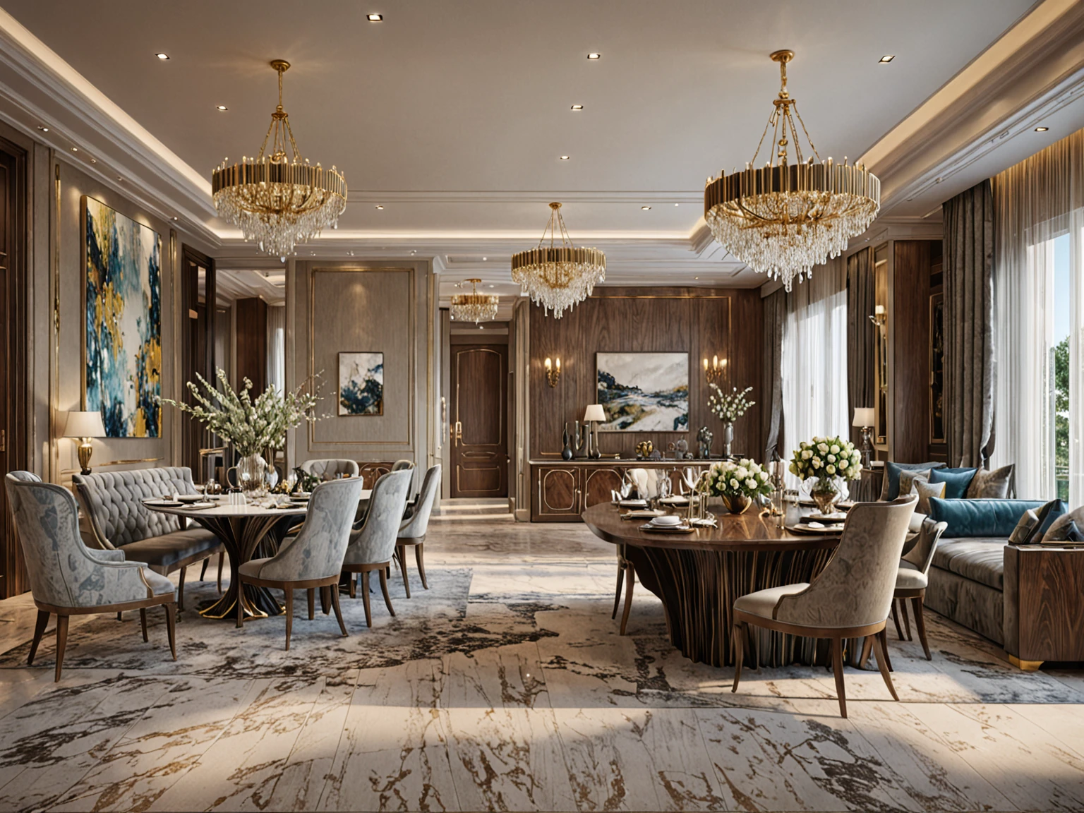 Masterpieces, high quality, a living room with a dining table and chairs, interior design, luxury, detailed rendering, insanely detailed,
