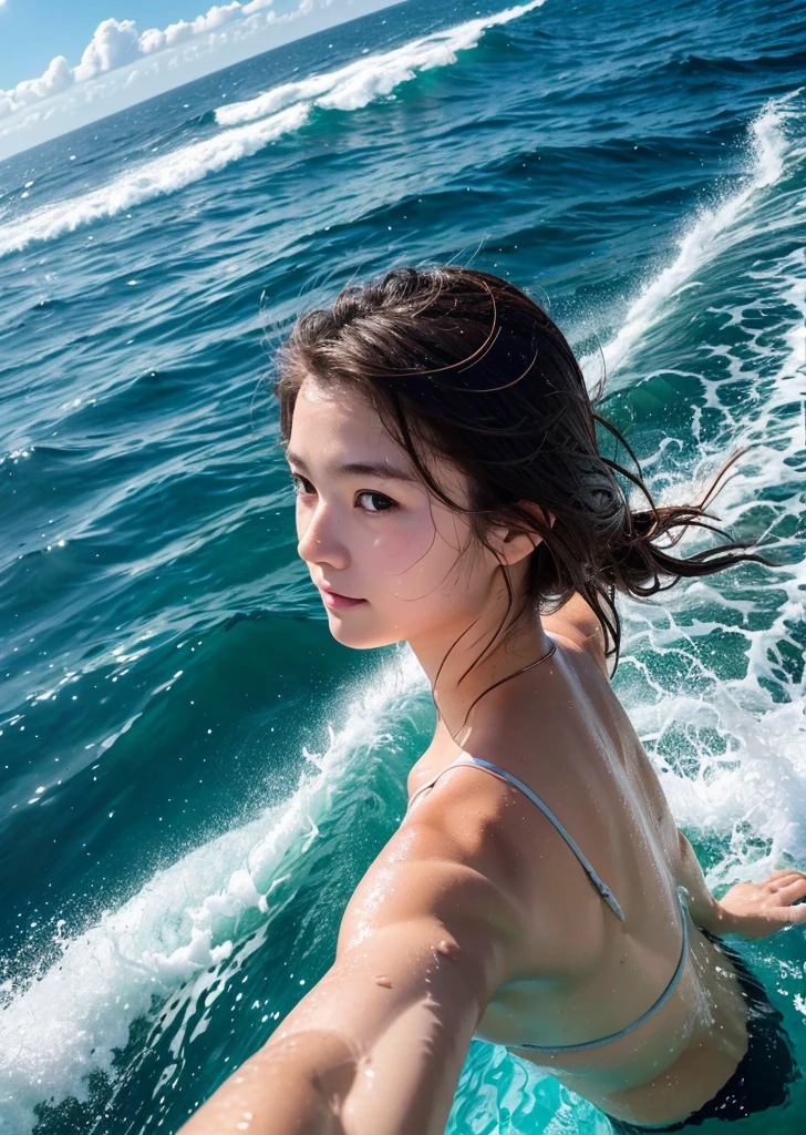 (Realistic, photo-Realistic:1.37),(8K, RAW Photos, Highest quality, masterpiece:1.2), cute, Ultra-detailed, 超High resolution, Kodak Vision Color, Filmed with an Arricam LT camera,Highest quality, Lively, 8K, High resolution, 1 girl, Escape, (Professional Lighting), (Portraiture:0.6), Brown Hair,21 years old、slender、Wave Splash、In the sea、Swimming、Lots of dolphins、イルカと一緒にSwimming、diving、Go snorkeling、Playing with dolphins、Sunburned skin、Wet hair、Riding the wave、surfer、horizontal line、