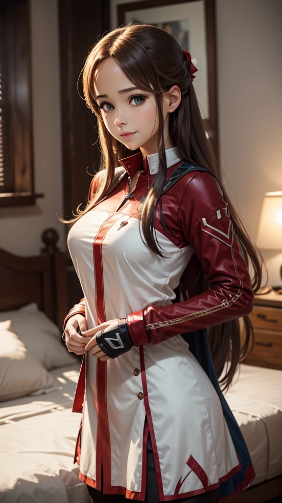 asuna, asuna_(sao), 1girl, fantasy, highres, looking_away, looking_to_the_side, original, realistic, scenery, Close-up, upper_body, smiling, action pose,on_bed,