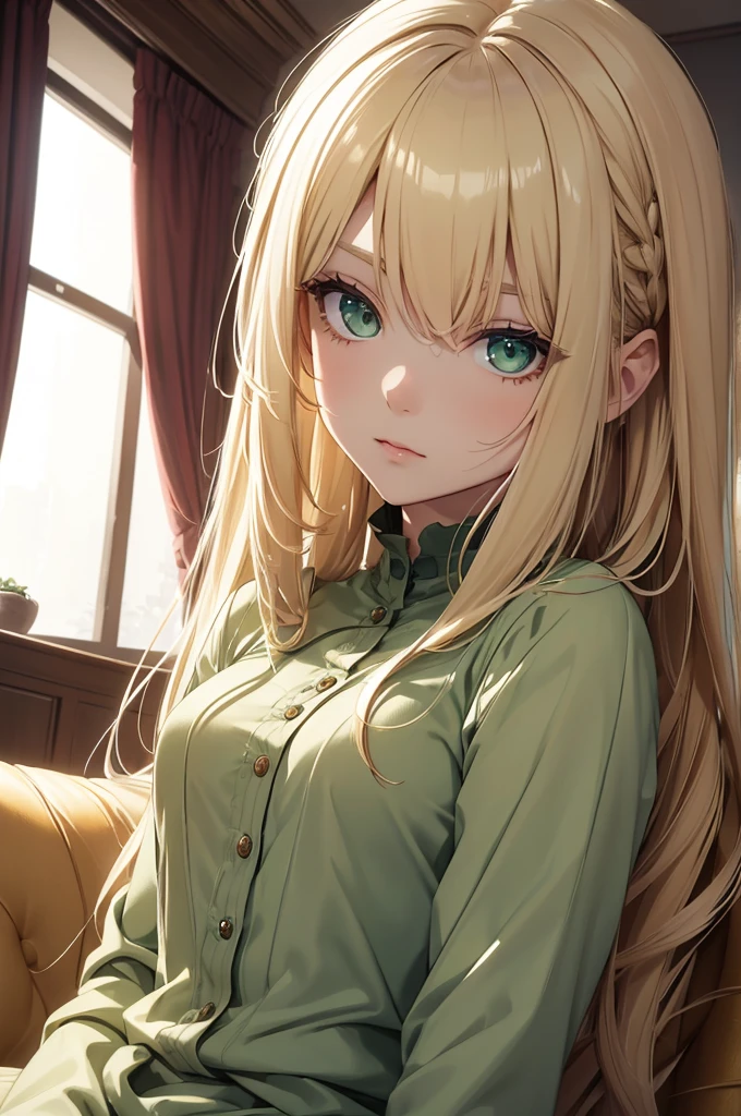 (8K, Best Quality, Masterpiece, Ultra High Resolution) 1 Girl, Short, Beautiful Eyes, Face Details, Long Blonde Hair, Green Eyes, Pale Skin, Casual Dress, Medium Bust, Sitting on Sofa Masterpiece, Best Quality, Upper Body, Looking at the Viewer, Close Up