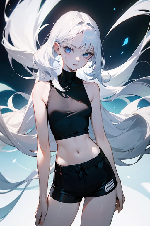 female character, 15 years old, pale and white skin, dark blue eyes, white hair, wavy and long, slim, beautiful, black shorts close to the skin, long black sleeveless neck t-shirt close to the skin, small breasts, small waist