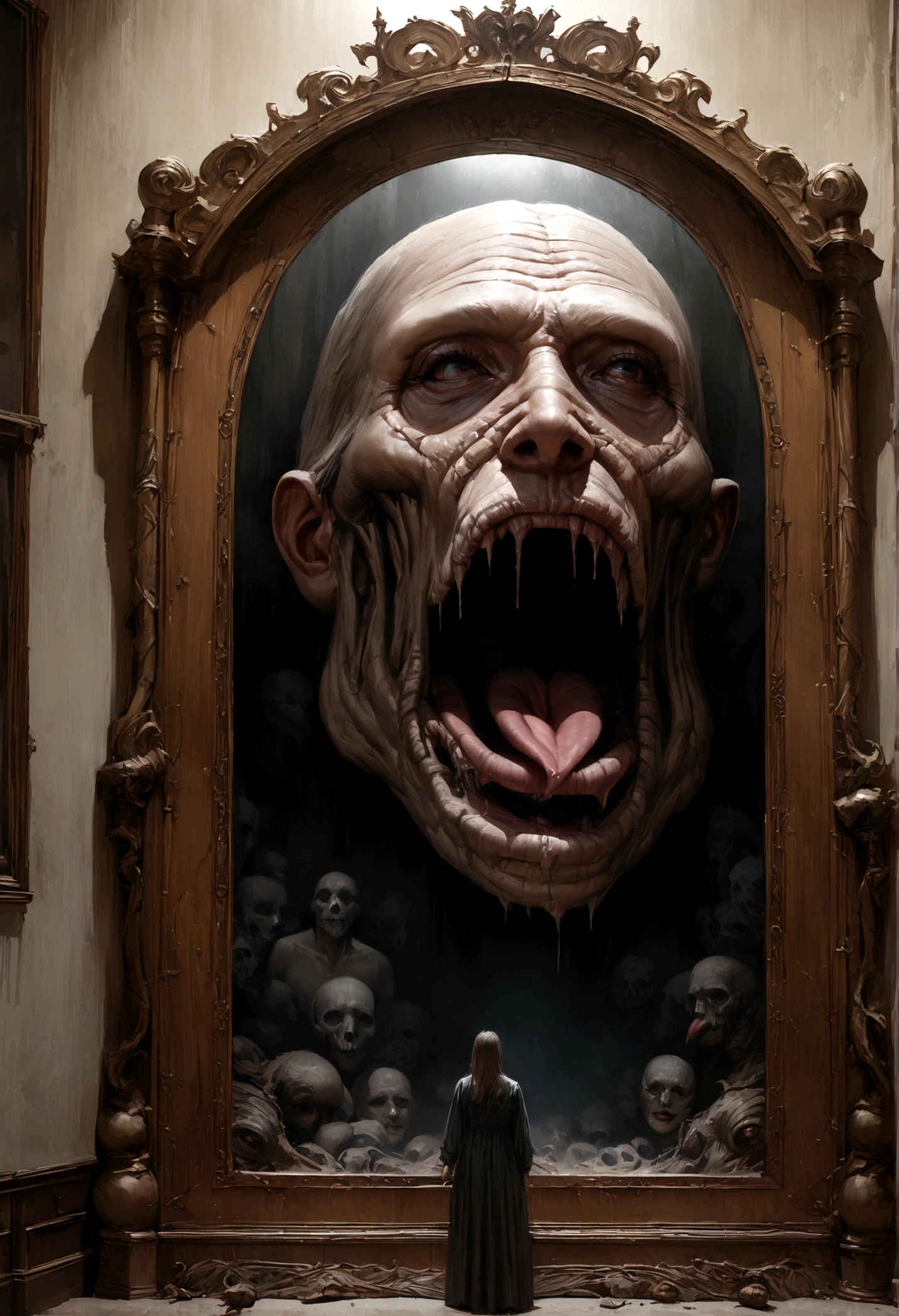 A mimic disguised as a dresser with mirror, monstrous features, licking giant maw, anticipating a meal, fantasy bedroom, (best quality,8k,highres,masterpiece:1.2),ultra-detailed,(realistic,photorealistic,photo-realistic:1.37),fantasy,horror,surreal,cinematic lighting,dark moody colors,dramatic shadows,intricate details,ornate dresser,distorted proportions,unsettling atmosphere,eerie presence,dreamlike,visceral,unnerving
