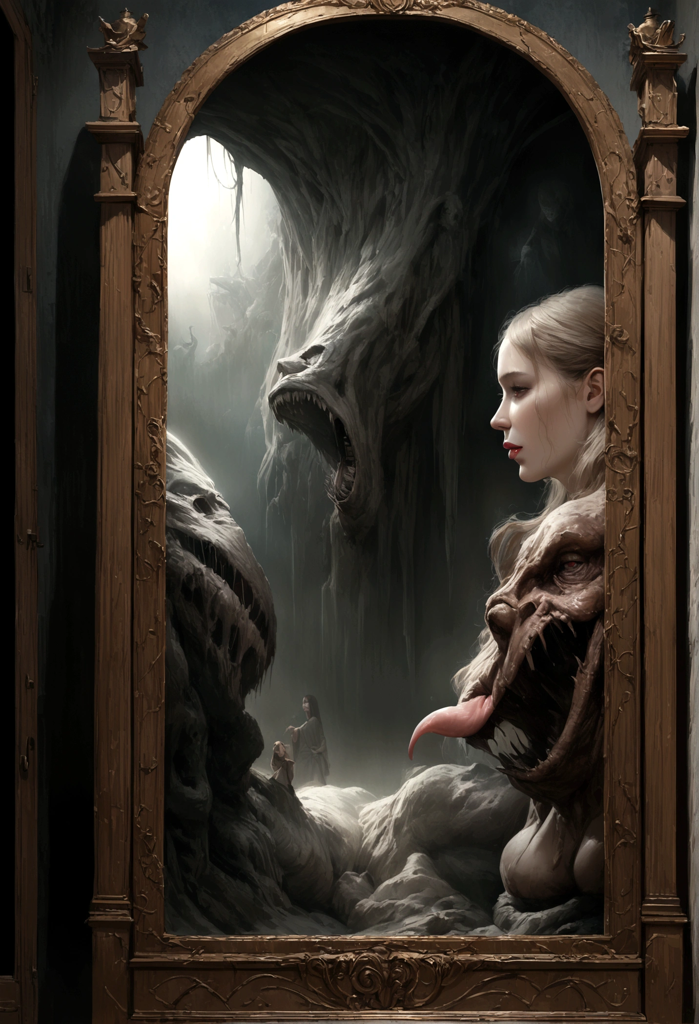 A mimic disguised as a dresser with mirror, monstrous features,  giant maw, anticipating a meal, fantasy bedroom, (best quality,8k,highres,masterpiece:1.2),ultra-detailed,(realistic,photorealistic,photo-realistic:1.37),fantasy,horror,surreal,cinematic lighting,dark moody colors,dramatic shadows,intricate details,ornate dresser,distorted proportions,unsettling atmosphere,eerie presence,dreamlike,visceral,unnerving
