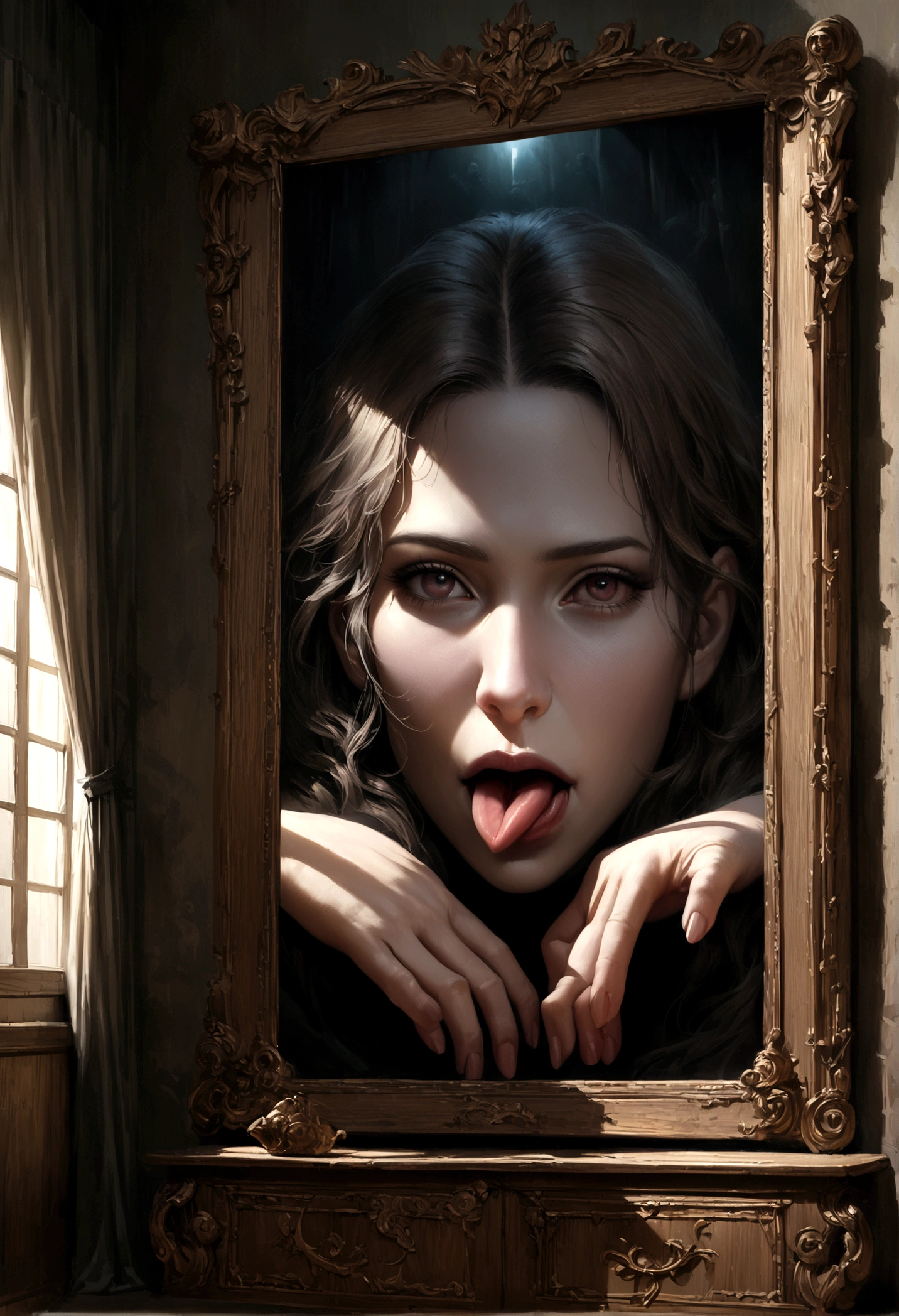 A mimic disguised as a dresser with mirror, monstrous features, licking giant maw, anticipating a meal, fantasy bedroom, (best quality,8k,highres,masterpiece:1.2),ultra-detailed,(realistic,photorealistic,photo-realistic:1.37),fantasy,horror,surreal,cinematic lighting,dark moody colors,dramatic shadows,intricate details,ornate dresser,distorted proportions,unsettling atmosphere,eerie presence,dreamlike,visceral,unnerving